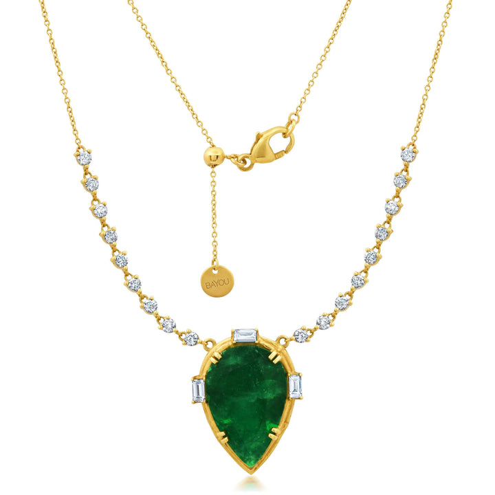 Large Pear Emerald + Diamond Necklace Jewelry Bayou with Love