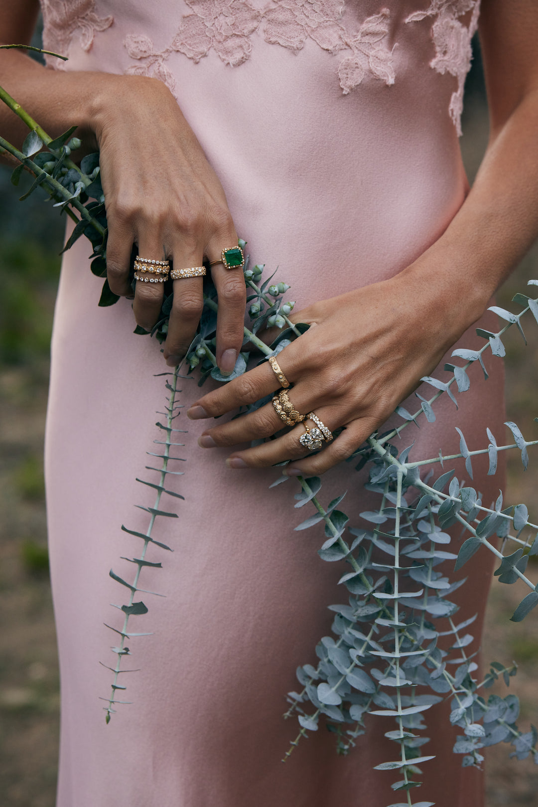 Woman's hands with many rings, holding greenery