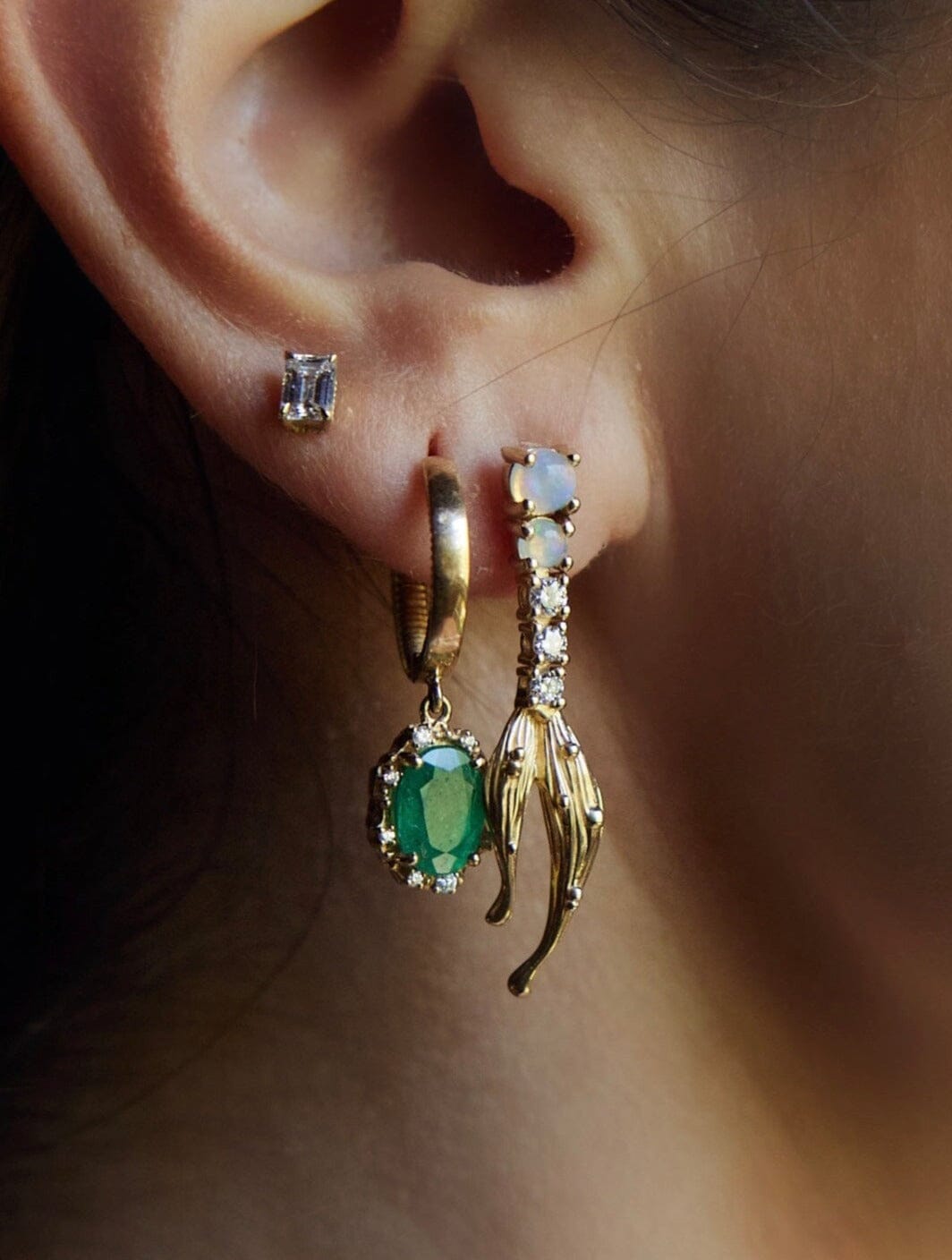 Water Diamond + Cabochon Emerald Huggies Jewelry Bayou with Love