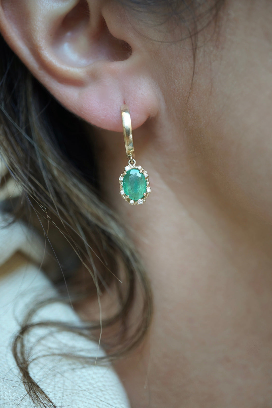 New Water Diamond Cabochon Cut Emerald Huggies Jewelry Bayou with Love