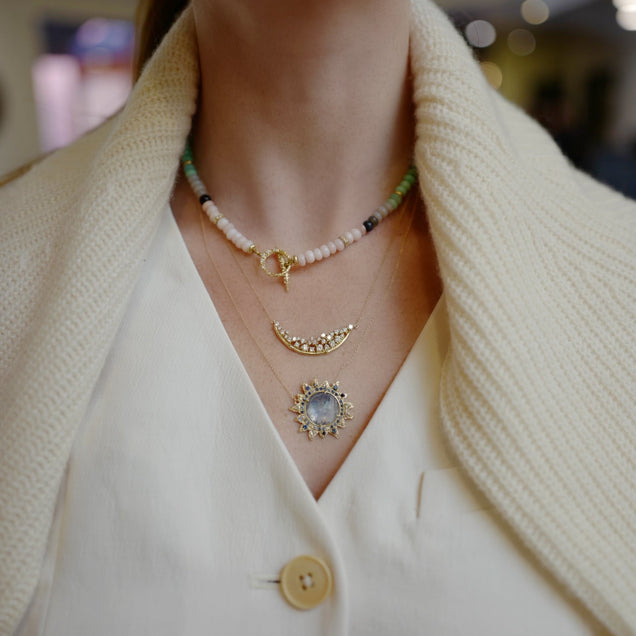 Rainbow Moonstone + Sapphire Necklace Jewelry Bayou with Love 