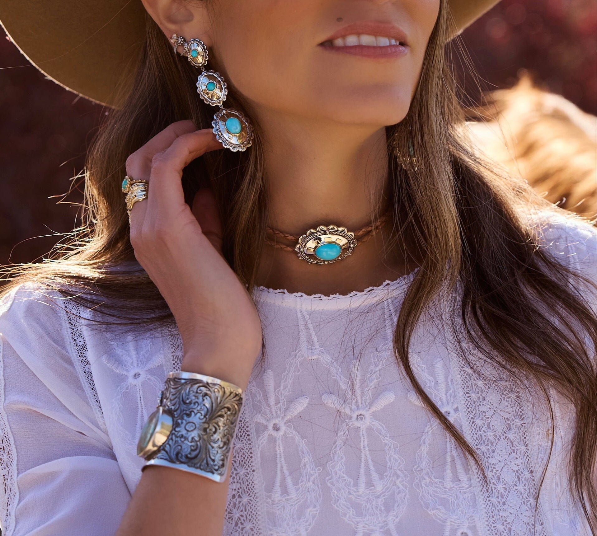 77 Silver & Gold Oval Turquoise Concho Choker Jewelry Bayou with Love 