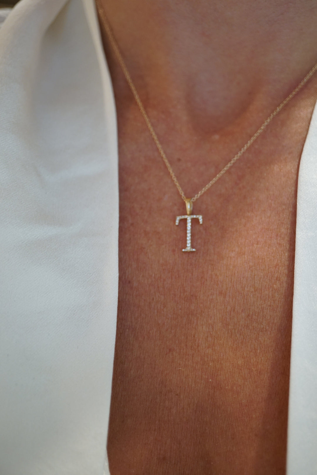 Original Diamond Pave T Initial Charm with Chain