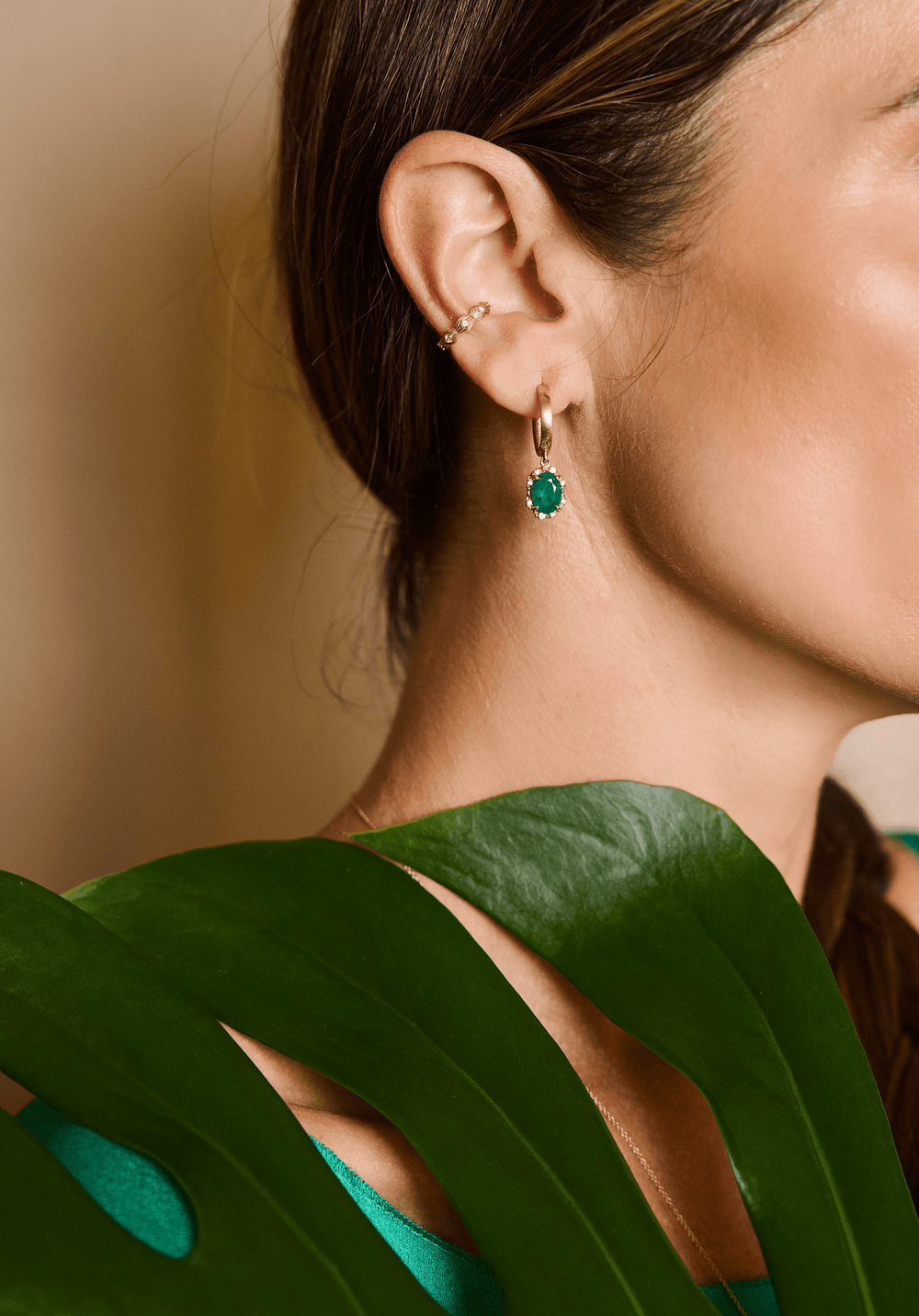 Water Diamond + Cabochon Emerald Huggies Jewelry Bayou with Love 