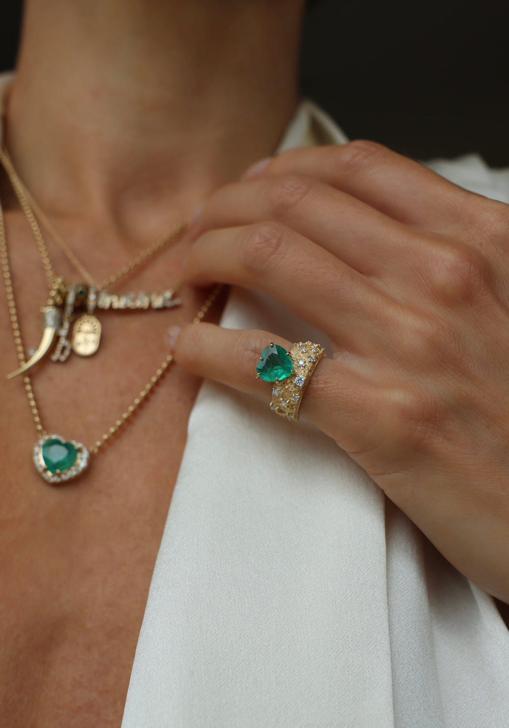 Emerald Heart + Diamond Moonscape Pinky Ring Jewelry Bayou with Love 