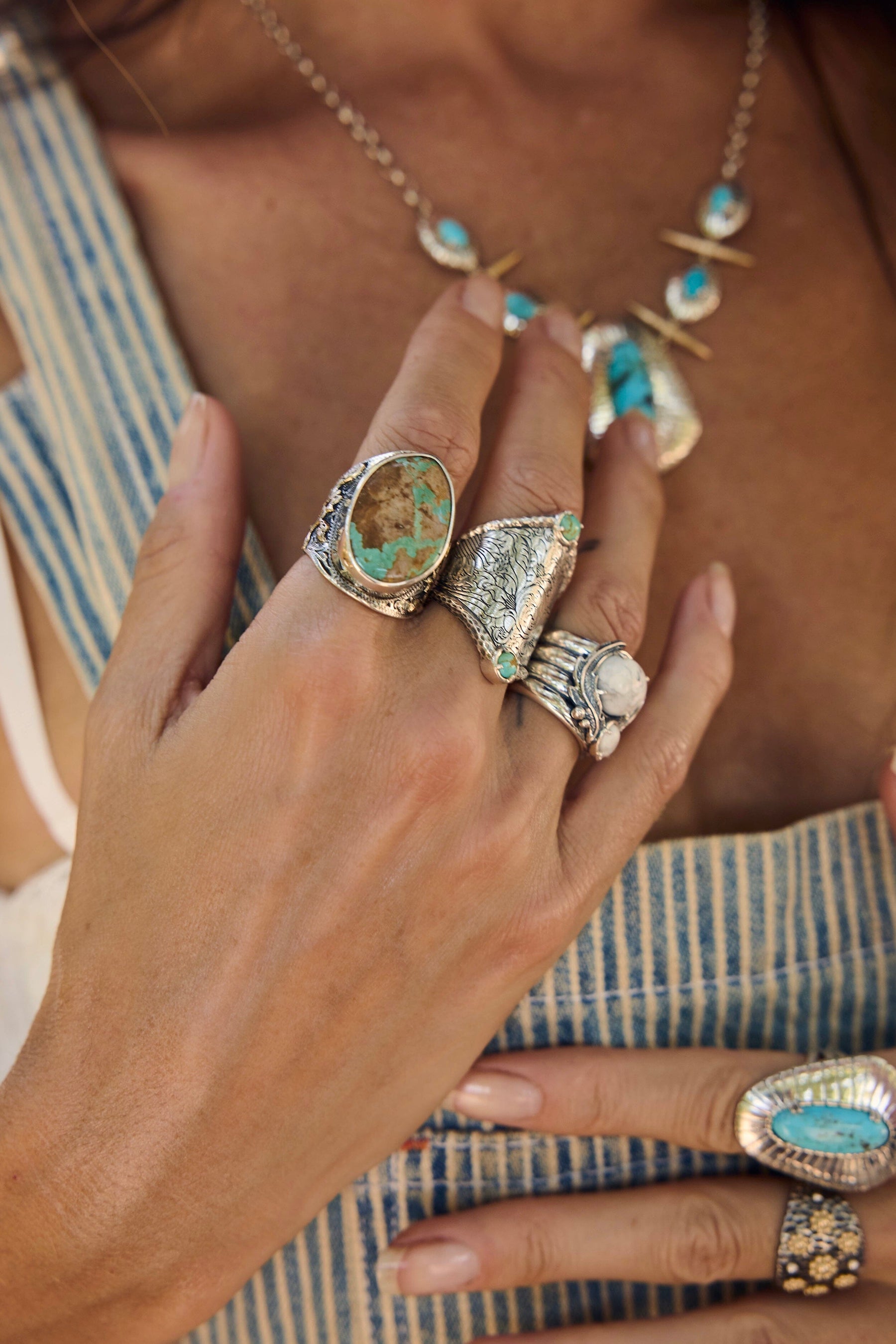 turquoise and tobacco jewelry Southwest Style by JTV Oval Pear Shape Round Sterling Silver Ring Yes Signed Royston Turquoise Cigar Band 7.5