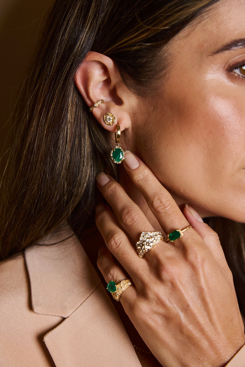 Water Diamond + Cabochon Emerald Huggies Jewelry Bayou with Love 