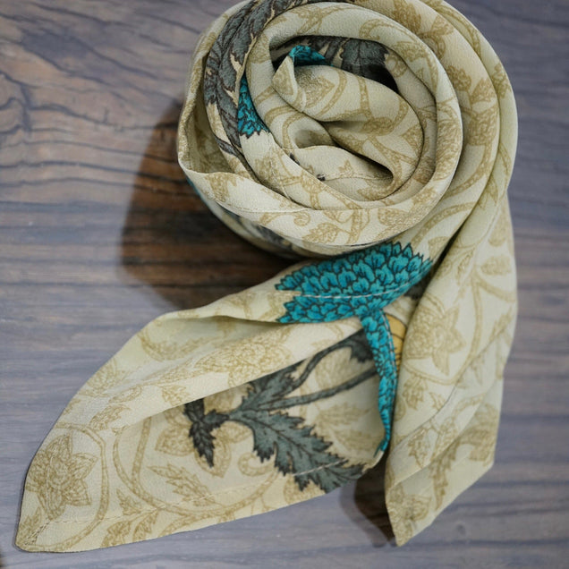 NEW Upcycled Crepe Silk Neckerchief Accessories Bayou with Love Teal Dahlias 20x20 